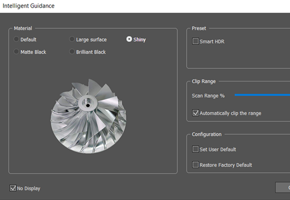 Sistema di scansione 3D con guida intelligente per parti nere e lucide